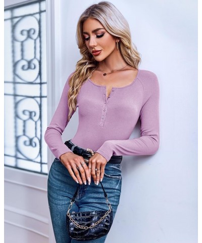 Womens Long Sleeve Henley Shirts Ribbed Button Down Casual Tunic Tops Purple $11.49 Tops