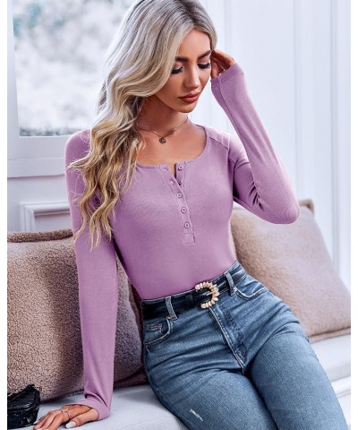 Womens Long Sleeve Henley Shirts Ribbed Button Down Casual Tunic Tops Purple $11.49 Tops