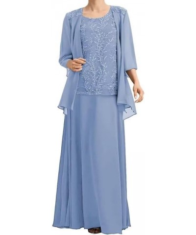 3 Pieces Mother of The Bride Dresses with Jacket Chiffon Lace Formal Wedding Guest Dresses 3/4 Sleeve Evening Gowns Dusty-blu...