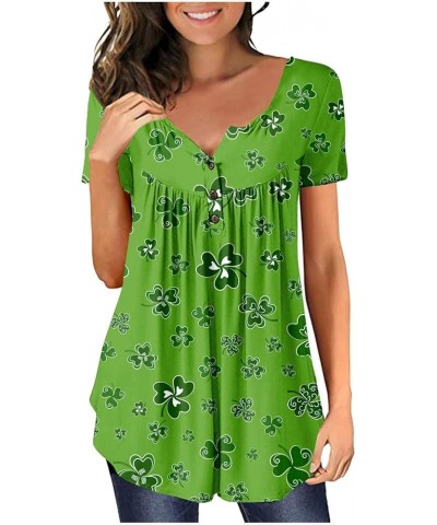 2024 Women's St Patricks Day Shirt Summer Henley Tops Buttons Blouse V Neck Print Short Sleeve Pullover Clothes Tees 042- Arm...