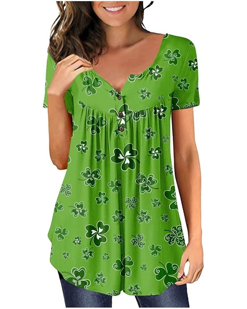 2024 Women's St Patricks Day Shirt Summer Henley Tops Buttons Blouse V Neck Print Short Sleeve Pullover Clothes Tees 042- Arm...