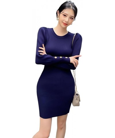 Korean Slim Sweater Long Sleeve Button Round Neck Elastic Bubble Sleeve Sleeves Knit Dress Purplish Blue $12.72 Sweaters