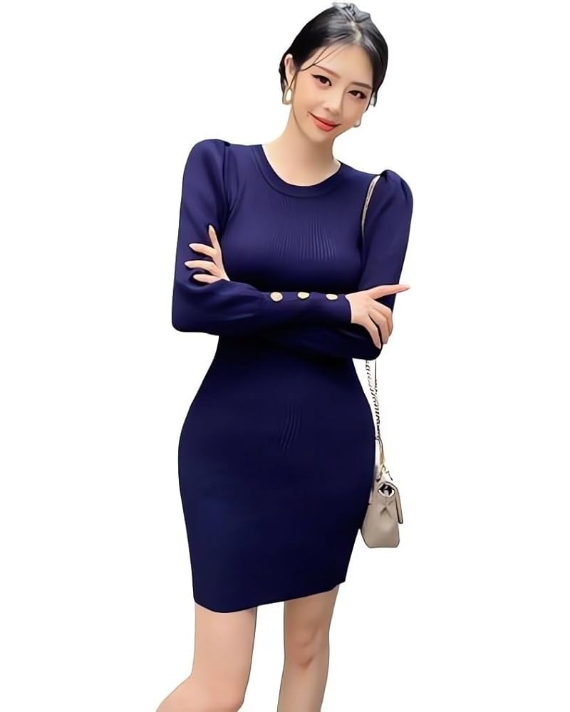 Korean Slim Sweater Long Sleeve Button Round Neck Elastic Bubble Sleeve Sleeves Knit Dress Purplish Blue $12.72 Sweaters