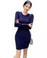 Korean Slim Sweater Long Sleeve Button Round Neck Elastic Bubble Sleeve Sleeves Knit Dress Purplish Blue $12.72 Sweaters