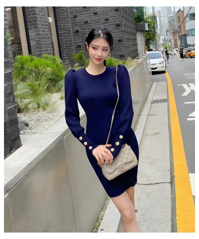 Korean Slim Sweater Long Sleeve Button Round Neck Elastic Bubble Sleeve Sleeves Knit Dress Purplish Blue $12.72 Sweaters