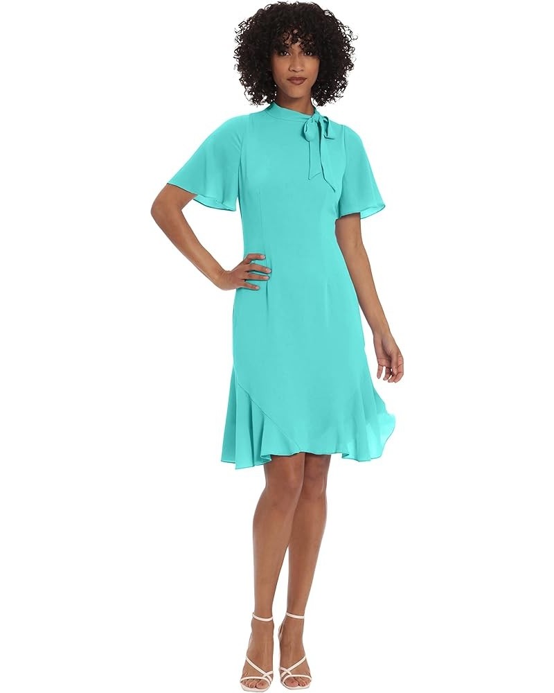 Women's Short Sleeve Dress with Mock Neck Tie and Flutter Godets in Above The Knee Skirt Seafoam $42.62 Dresses