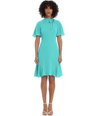 Women's Short Sleeve Dress with Mock Neck Tie and Flutter Godets in Above The Knee Skirt Seafoam $42.62 Dresses