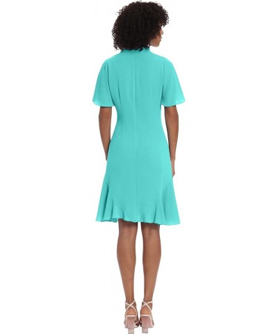 Women's Short Sleeve Dress with Mock Neck Tie and Flutter Godets in Above The Knee Skirt Seafoam $42.62 Dresses