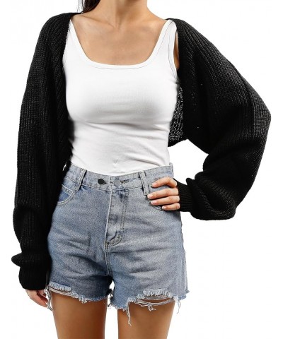 Women's Cardigan Sweater Shrug Solid Color Open Front Long Sleeve Knitted Crop Shurg Sweater Black $12.92 Sweaters