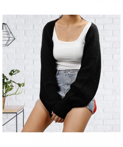 Women's Cardigan Sweater Shrug Solid Color Open Front Long Sleeve Knitted Crop Shurg Sweater Black $12.92 Sweaters