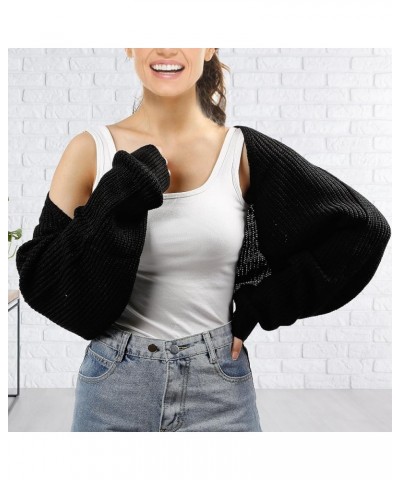 Women's Cardigan Sweater Shrug Solid Color Open Front Long Sleeve Knitted Crop Shurg Sweater Black $12.92 Sweaters