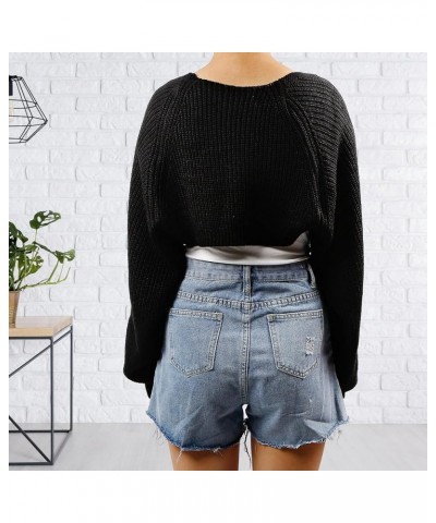 Women's Cardigan Sweater Shrug Solid Color Open Front Long Sleeve Knitted Crop Shurg Sweater Black $12.92 Sweaters