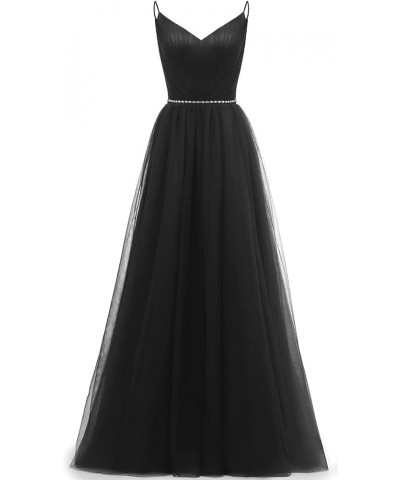 Tulle Bridesmaid Dresses Long V-Neck Spaghetti Straps Beaded Belt Wedding Evening Prom Gowns Black $46.74 Dresses