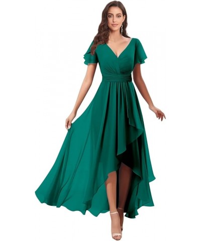 V Neck Bridesmaid Dresses for Wedding with Sleeves Ruffle High Low Chiffon Mother of The Bride Dresses Teal $20.00 Dresses