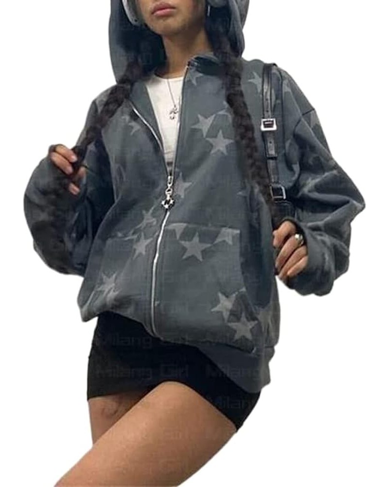 Women Star Letter Print Zip Up Hoodies Y2K Aesthetic Grunge Graphic Oversized Jackets Hip Hop Harajuku Streetwear A Dark Grey...