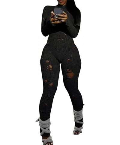 Women Sexy Hollow Out Bodycon Jumpsuit Crochet Knit Long Sleeve One Piece Romper Y2K Fairy Grunge Ripped Overalls Black $14.1...