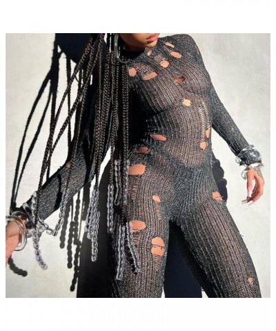 Women Sexy Hollow Out Bodycon Jumpsuit Crochet Knit Long Sleeve One Piece Romper Y2K Fairy Grunge Ripped Overalls Black $14.1...