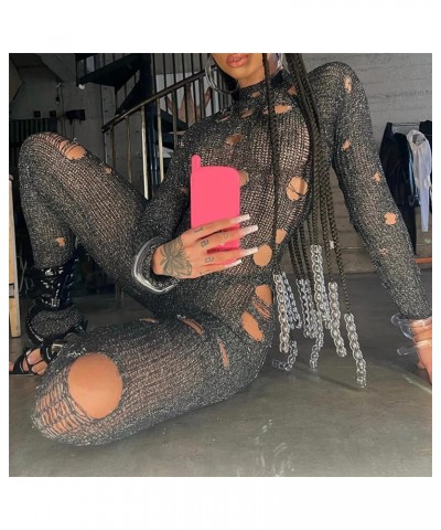 Women Sexy Hollow Out Bodycon Jumpsuit Crochet Knit Long Sleeve One Piece Romper Y2K Fairy Grunge Ripped Overalls Black $14.1...