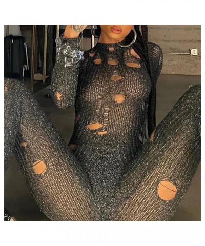 Women Sexy Hollow Out Bodycon Jumpsuit Crochet Knit Long Sleeve One Piece Romper Y2K Fairy Grunge Ripped Overalls Black $14.1...