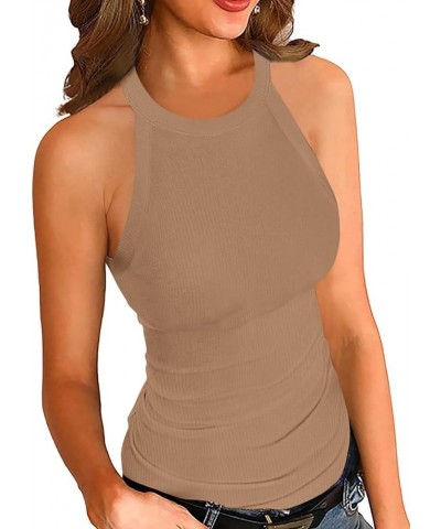 Summer Womens Tank Tops - Casual Sleeveless Basic Cami Top Shirt Slim Knit Ribbed Racerback Workout Blouses Khaki $10.38 Tanks