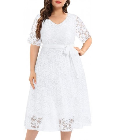 Women Plus Size Lace Bridal Shower Wedding Guest Cocktail Semi Formal V Neck Short Sleeve Midi Dresses White (Long Length) $2...