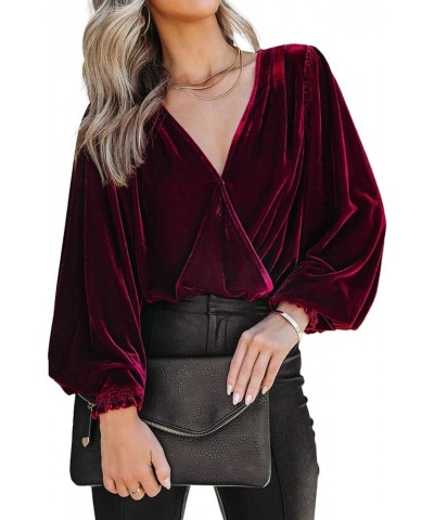 Women's Velvet Wrap Crop Top Long Sleeve V Neck Puff Dressy Blouse Vintage 2023 Fall Winter Casual Top T-Shirt Velvet-burgund...