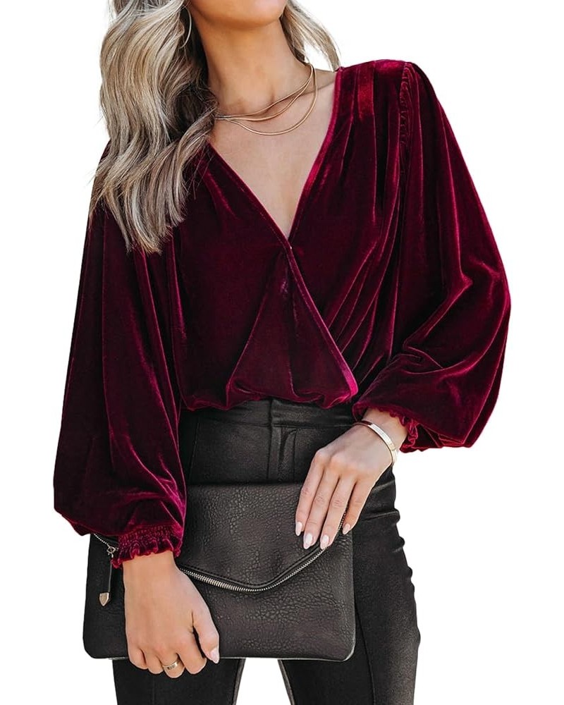 Women's Velvet Wrap Crop Top Long Sleeve V Neck Puff Dressy Blouse Vintage 2023 Fall Winter Casual Top T-Shirt Velvet-burgund...