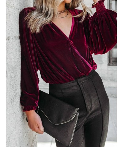 Women's Velvet Wrap Crop Top Long Sleeve V Neck Puff Dressy Blouse Vintage 2023 Fall Winter Casual Top T-Shirt Velvet-burgund...