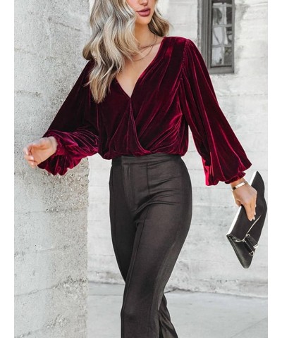 Women's Velvet Wrap Crop Top Long Sleeve V Neck Puff Dressy Blouse Vintage 2023 Fall Winter Casual Top T-Shirt Velvet-burgund...