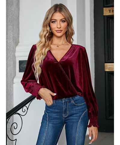 Women's Velvet Wrap Crop Top Long Sleeve V Neck Puff Dressy Blouse Vintage 2023 Fall Winter Casual Top T-Shirt Velvet-burgund...