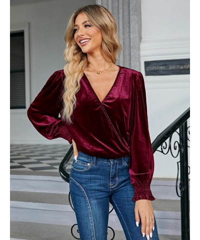 Women's Velvet Wrap Crop Top Long Sleeve V Neck Puff Dressy Blouse Vintage 2023 Fall Winter Casual Top T-Shirt Velvet-burgund...