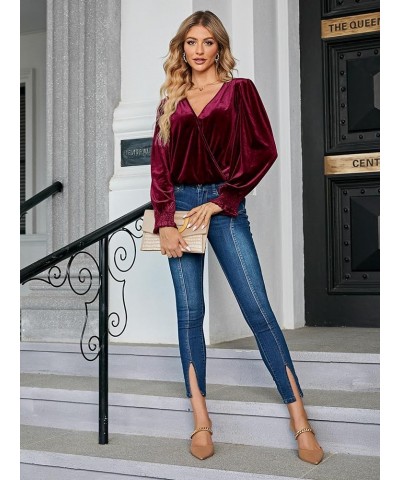 Women's Velvet Wrap Crop Top Long Sleeve V Neck Puff Dressy Blouse Vintage 2023 Fall Winter Casual Top T-Shirt Velvet-burgund...