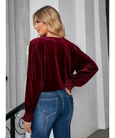 Women's Velvet Wrap Crop Top Long Sleeve V Neck Puff Dressy Blouse Vintage 2023 Fall Winter Casual Top T-Shirt Velvet-burgund...