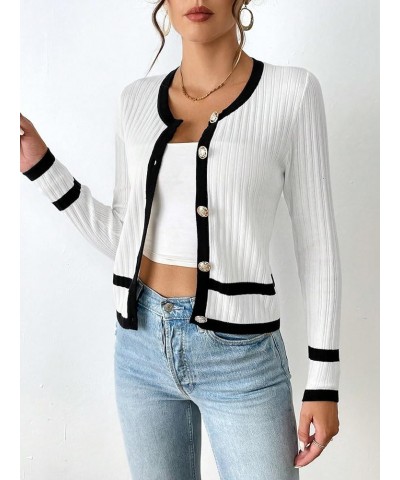 Contrast Trim Button Front Cardigan (Color : Black and White, Size : X-Small) X-Small Black and White $19.77 Sweaters