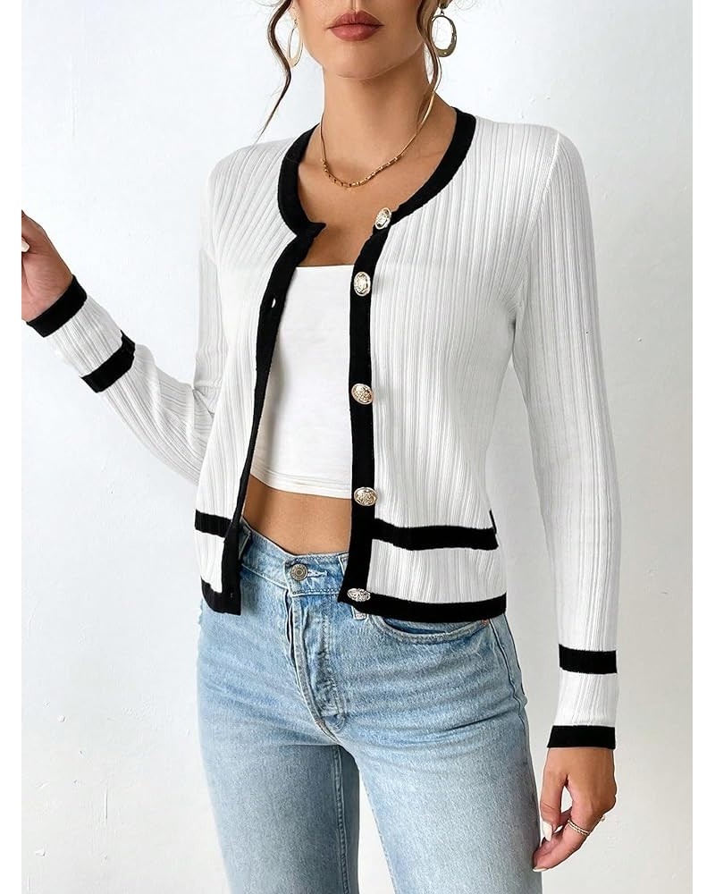 Contrast Trim Button Front Cardigan (Color : Black and White, Size : X-Small) X-Small Black and White $19.77 Sweaters