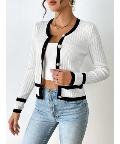 Contrast Trim Button Front Cardigan (Color : Black and White, Size : X-Small) X-Small Black and White $19.77 Sweaters