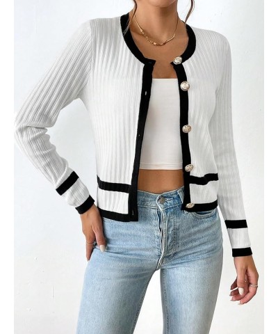 Contrast Trim Button Front Cardigan (Color : Black and White, Size : X-Small) X-Small Black and White $19.77 Sweaters