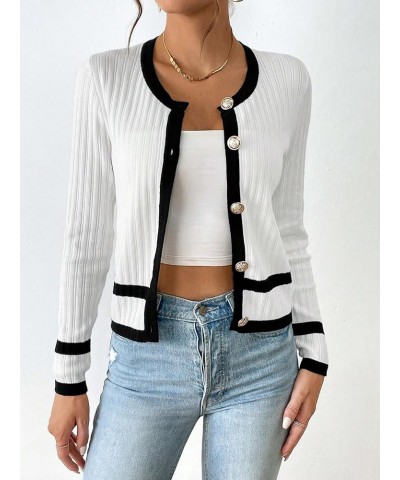 Contrast Trim Button Front Cardigan (Color : Black and White, Size : X-Small) X-Small Black and White $19.77 Sweaters