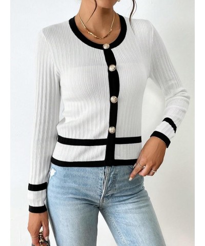 Contrast Trim Button Front Cardigan (Color : Black and White, Size : X-Small) X-Small Black and White $19.77 Sweaters