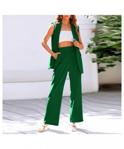 Womens Fashion 2024 Summer 2 Piece Outfits Dressy Sets Sleeveless Lapel V Neck Belted Blazer Vest Wide Leg Pant Suits 01 Gree...