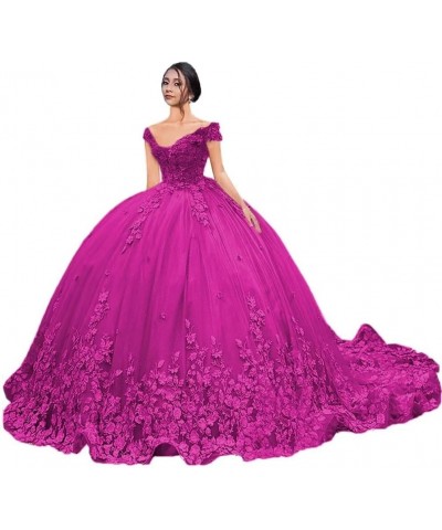 Luxury Off Shoulder Quinceanera Dresses Ball Gown Puffy Long Prom Gowns with Train Tulle Sweet 15 16 Dresses XXF035 Fuchsia $...