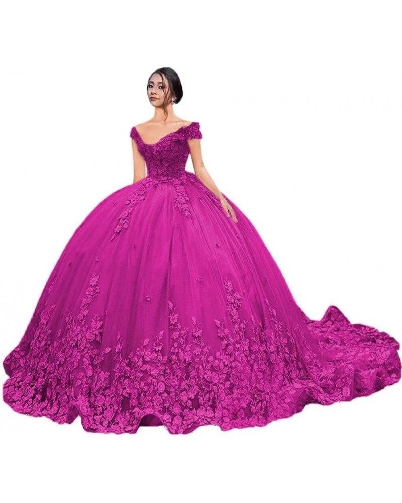 Luxury Off Shoulder Quinceanera Dresses Ball Gown Puffy Long Prom Gowns with Train Tulle Sweet 15 16 Dresses XXF035 Fuchsia $...