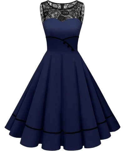 Women's 50s Vintage Floral Lace Retro Rockabilly Sleeveless Round Neck Cocktail Party Swing Dress Navy $15.75 Dresses