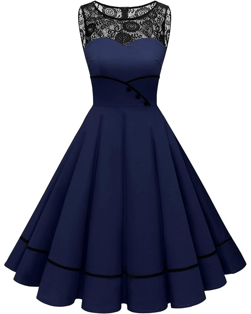 Women's 50s Vintage Floral Lace Retro Rockabilly Sleeveless Round Neck Cocktail Party Swing Dress Navy $15.75 Dresses