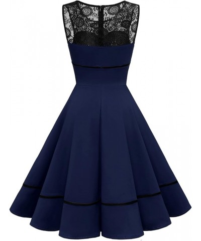 Women's 50s Vintage Floral Lace Retro Rockabilly Sleeveless Round Neck Cocktail Party Swing Dress Navy $15.75 Dresses