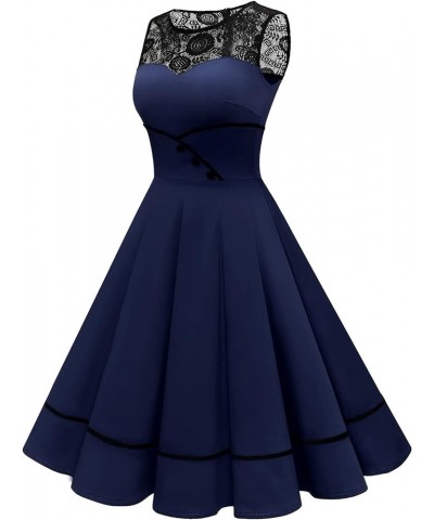 Women's 50s Vintage Floral Lace Retro Rockabilly Sleeveless Round Neck Cocktail Party Swing Dress Navy $15.75 Dresses