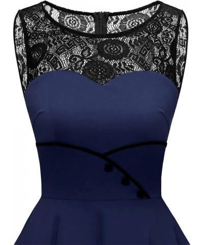 Women's 50s Vintage Floral Lace Retro Rockabilly Sleeveless Round Neck Cocktail Party Swing Dress Navy $15.75 Dresses