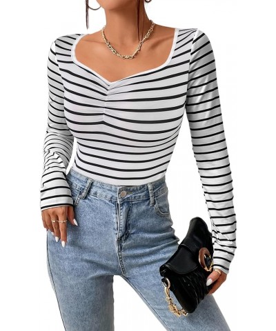 Women's Striped Fitted T-Shirts Sweetheart Neck Long Sleeve Shirts Fall Going Out Tops Black White Striped $6.35 T-Shirts