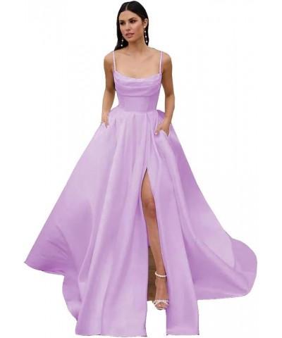 Spaghetti Straps Satin Pleated Prom Dresses A Line Side Split Ball Gowns Party Dress for Women RS080 Lilac $33.00 Dresses