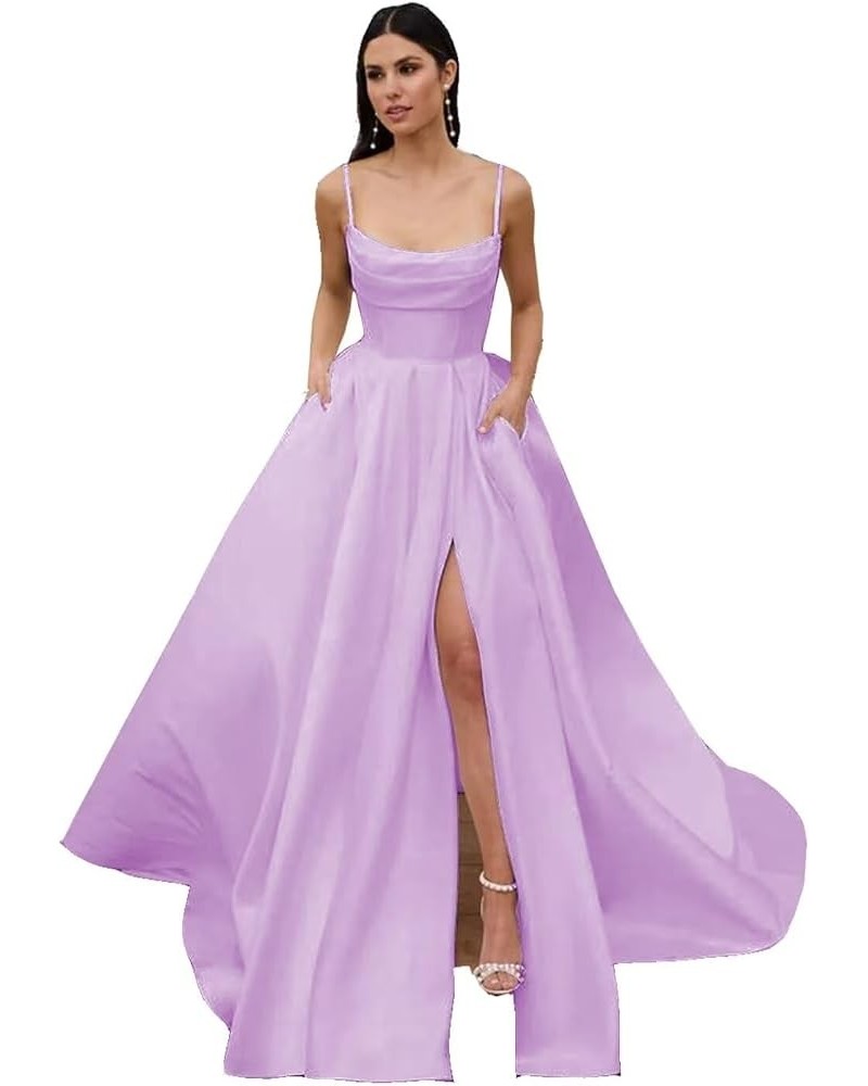 Spaghetti Straps Satin Pleated Prom Dresses A Line Side Split Ball Gowns Party Dress for Women RS080 Lilac $33.00 Dresses